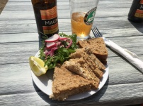 Crab sandwich and chilled cider at Beach Shack Bar